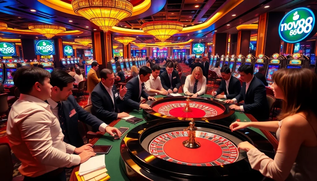 Experience thrilling gaming with nova88's vibrant casino scene, featuring roulette tables and excited players.