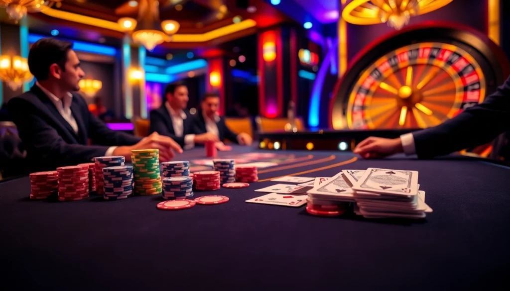 KJC themed casino scene with professional poker players and vibrant gaming elements.