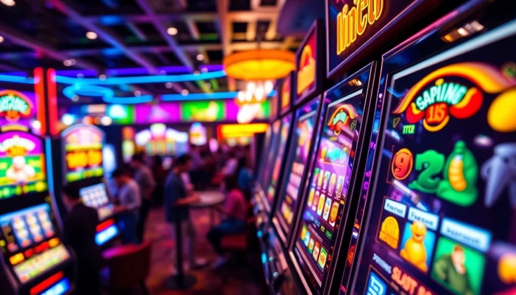 Menang di slot online yang menarik dengan mesin slot berwarna-warni dan suasana kasino yang hidup.