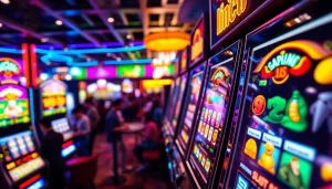 Menang di slot online yang menarik dengan mesin slot berwarna-warni dan suasana kasino yang hidup.