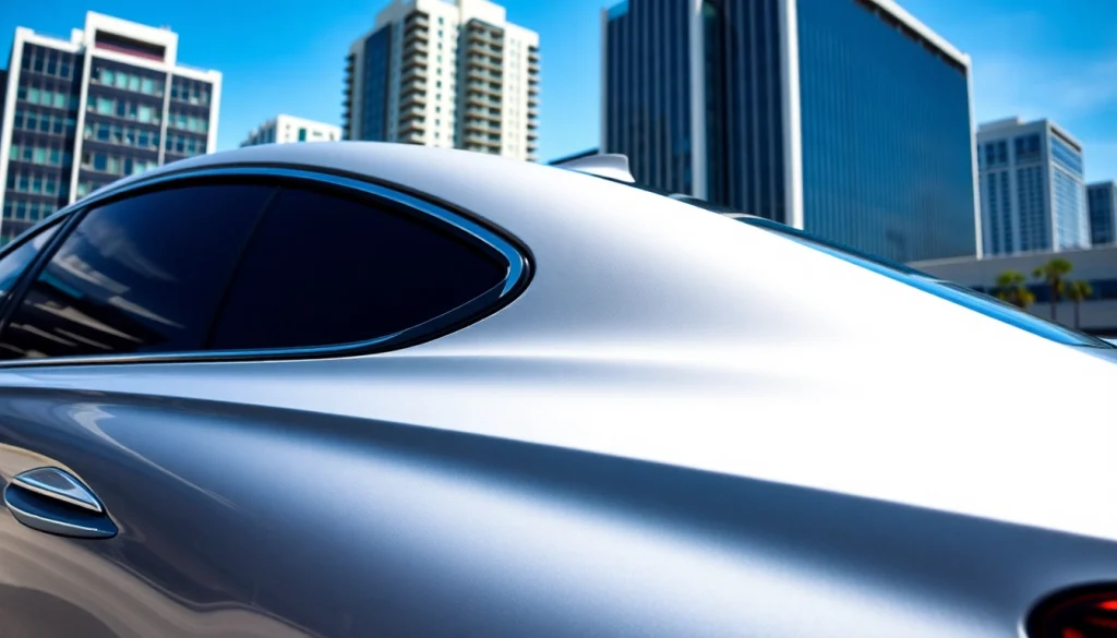 Car with window tint near me reflecting sunlight in a modern cityscape.