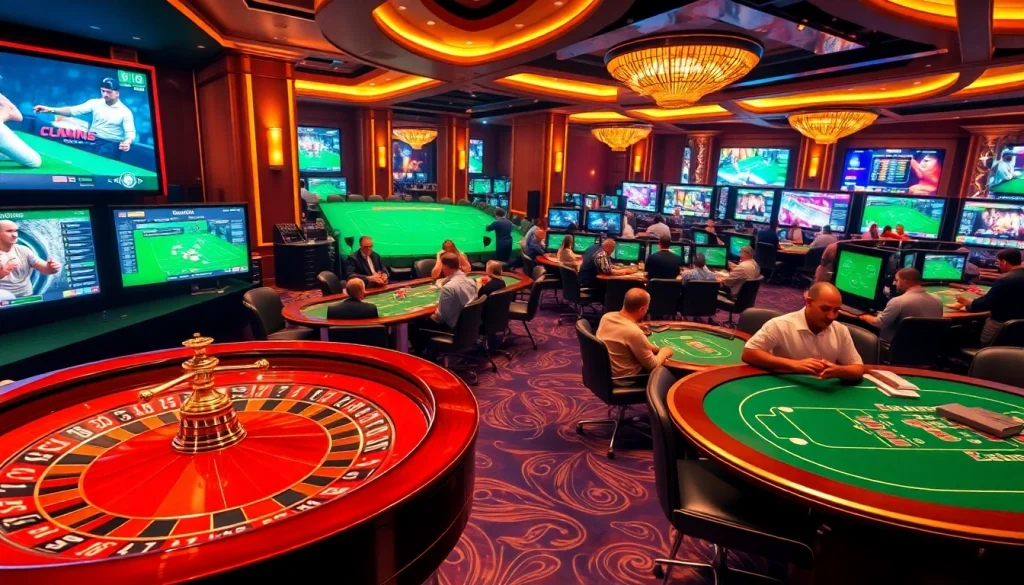 Engaging gamblers at a lively online casino experience showcasing https://uk88.za.com/ with poker chips and a roulette wheel.