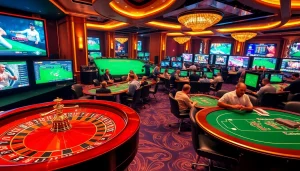 Engaging gamblers at a lively online casino experience showcasing https://uk88.za.com/ with poker chips and a roulette wheel.