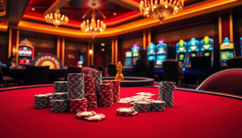 Exciting gambling experience at nhà cái OK365 with poker chips and casino games.