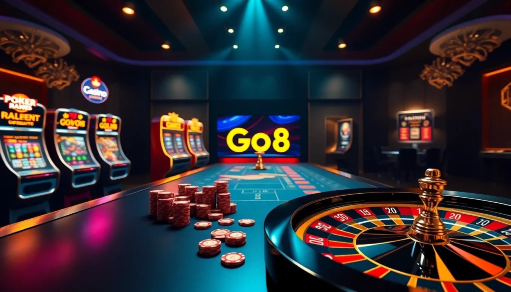 Go8 casino platform showcasing casino tables, vibrant slot machines, and poker chips in a luxurious digital environment.