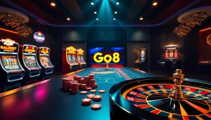 Go8 casino platform showcasing casino tables, vibrant slot machines, and poker chips in a luxurious digital environment.