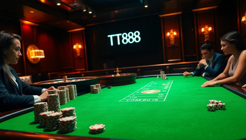 Engage in thrilling casino action with TT88 poker chips on a luxurious table surrounded by players.