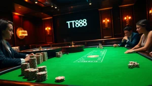 Engage in thrilling casino action with TT88 poker chips on a luxurious table surrounded by players.