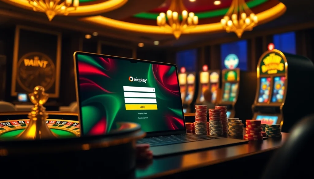 Engaging online gambling experience featuring onicplay login interface amidst a luxurious casino setting.