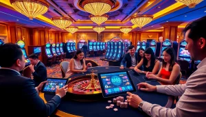 Players engaging with the RR88 com online casino platform, showcasing vibrant gaming elements and a luxurious ambiance.
