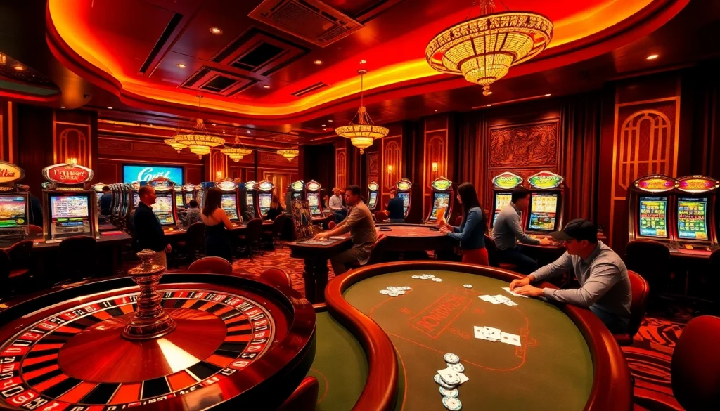 Players enjoying their experience at onicplay's casino tables, surrounded by vibrant gaming elements.