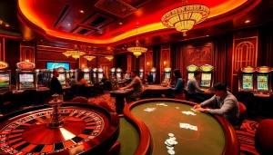 Players enjoying their experience at onicplay's casino tables, surrounded by vibrant gaming elements.