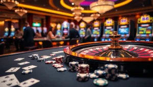 Engaging scene of an OK88 casino table with poker chips and roulette wheel in action.