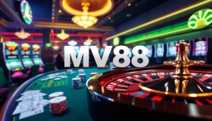 MV88 logo highlighted in an exciting casino atmosphere with poker and roulette elements.