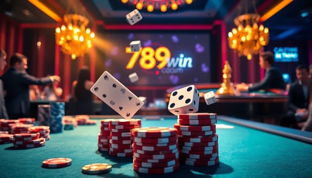 Experience thrilling gaming excitement with 789win com logo on a luxurious casino table featuring poker chips and cards.