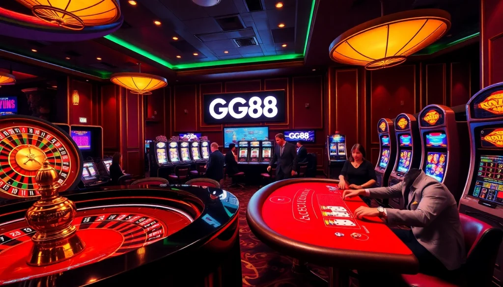 Exciting casino gaming visualization highlighting GG88 with roulette, poker, and slot machines.
