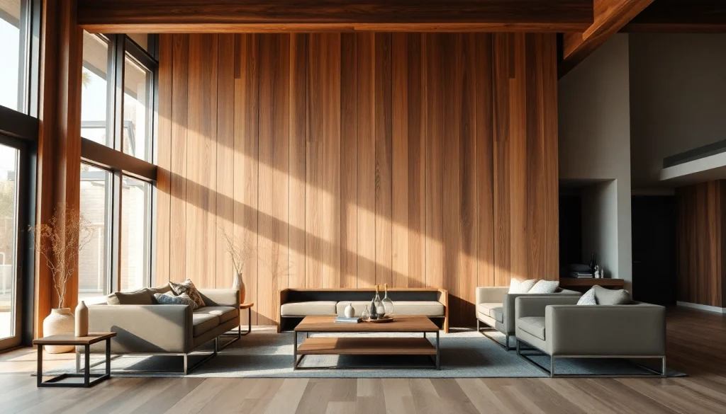 Elevate your space with a stunning wood wall showcasing warm textures and modern furnishings.