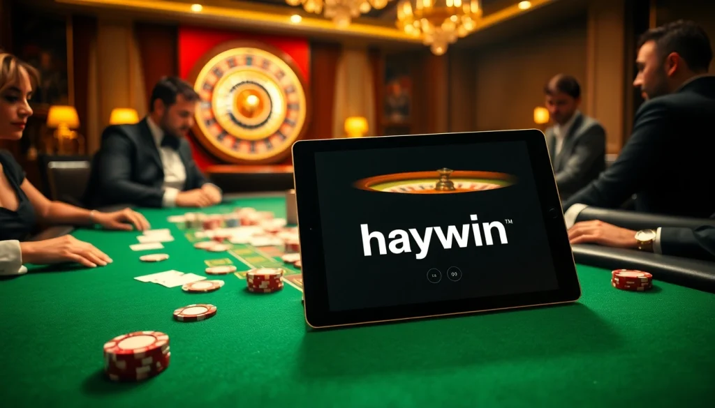 Experience high-stakes poker with haywin, featuring vibrant chips and an exciting roulette wheel.