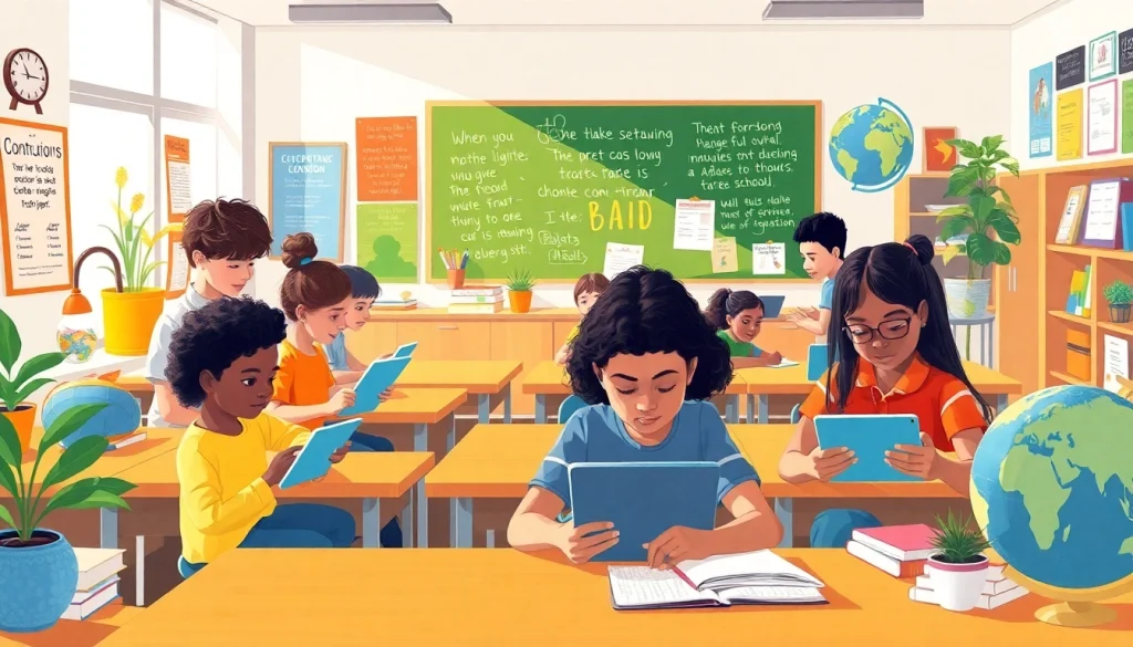 Engaging education scene depicting diverse students collaborating in a bright classroom.