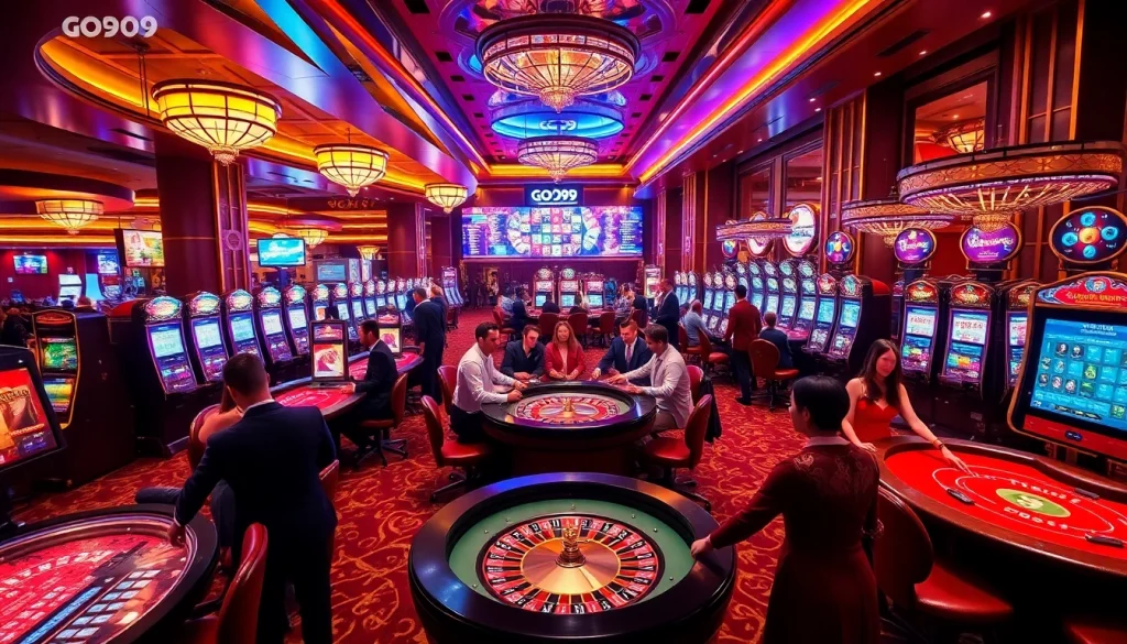 Engaged players strategizing at GO99 casino tables, surrounded by luxurious decor and slot machines.