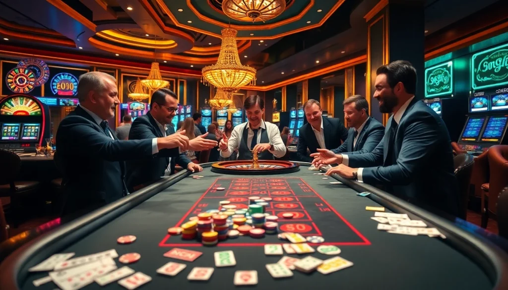 Engage in the entertaining k9k9 game at a luxurious casino table surrounded by joyful players.