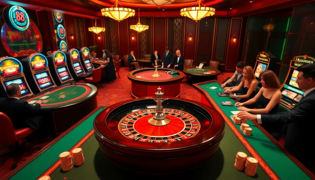 Exciting casino scene with roulette, poker tables, and 88i branding, showcasing luxury and thrill.