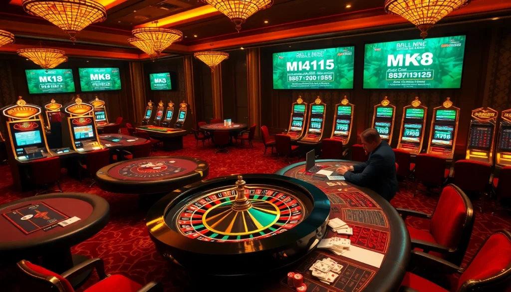 A glamorous casino scene featuring MK8 gaming strategies with roulette and poker tables, vibrant atmosphere.