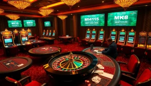 A glamorous casino scene featuring MK8 gaming strategies with roulette and poker tables, vibrant atmosphere.