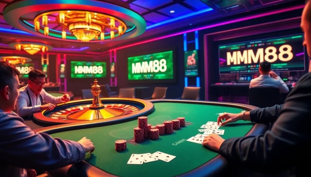 Exciting casino action at MM88 with vibrant tables, poker chips, and players in lively atmosphere.