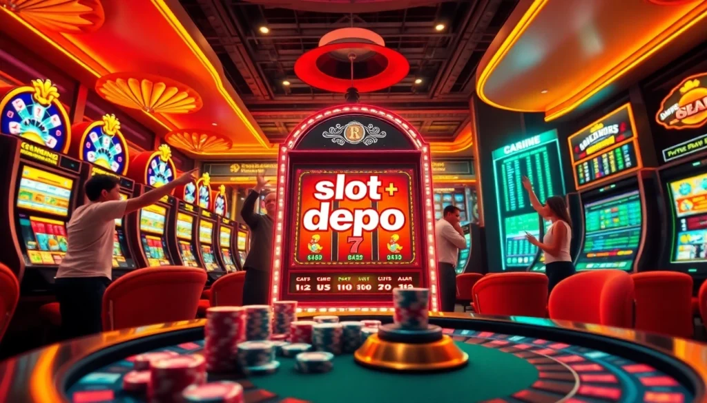 Players engaging in exhilarating wins at slot depo 1k machines in a glamorous casino setting.