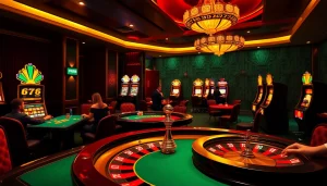 Experience the thrill of gambling at Five88.foo with an exciting casino scene featuring players at poker and blackjack tables.