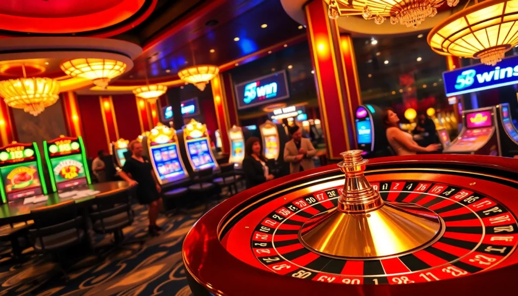 A lively scene of players enjoying games at 58win casino with poker chips and a roulette wheel.