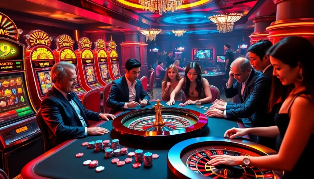 Players enjoying a thrilling round of the k9k9 game at a vibrant casino gaming table with colorful slots.