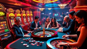 Players enjoying a thrilling round of the k9k9 game at a vibrant casino gaming table with colorful slots.
