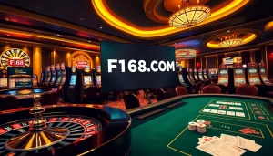 Experience the excitement of F168.COM with vibrant casino elements and thrilling gaming action.