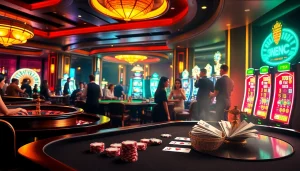 Experience the thrill of gambling at a luxurious casino, featuring vibrant tables, slot machines, and 789K stakes.