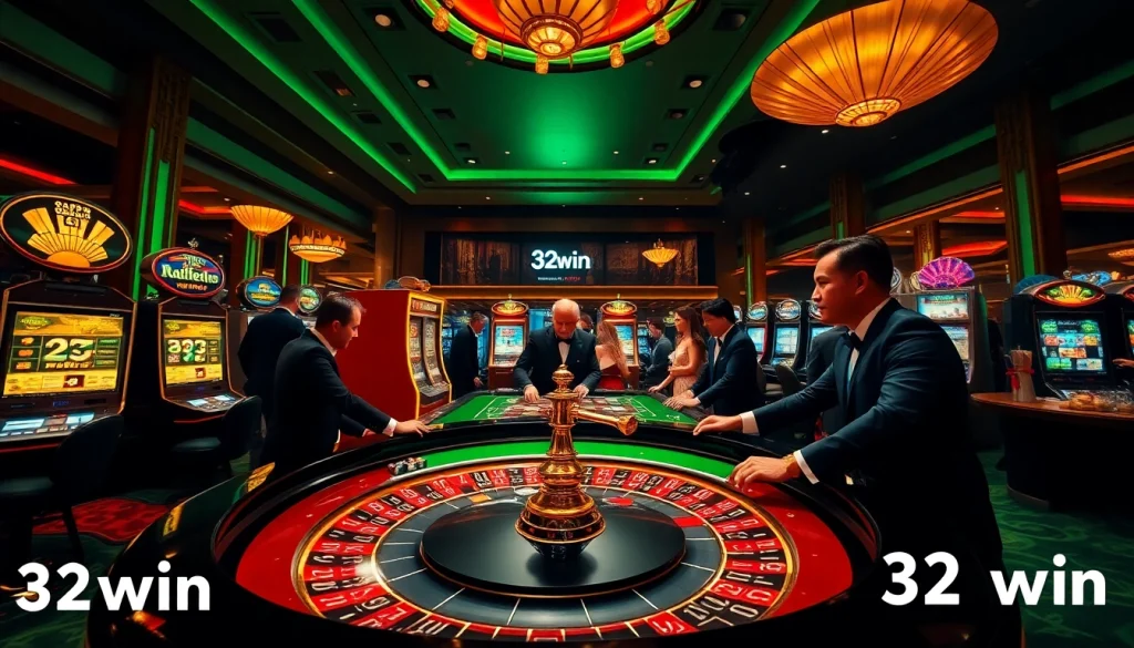 Players enjoying high-stakes roulette and slot machines at 32win casino.