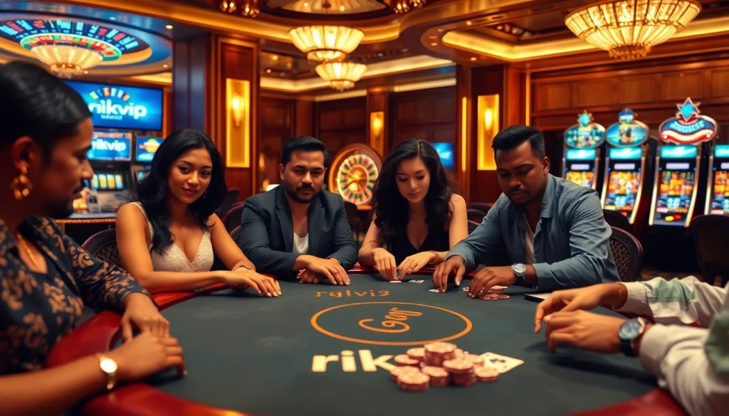Experience thrilling gameplay at rikvip's stunning casino setup with strategic poker action.