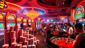 Adegan judi online yang mendebarkan dengan chip poker Datukwin dan mesin slot di kasino yang hidup.