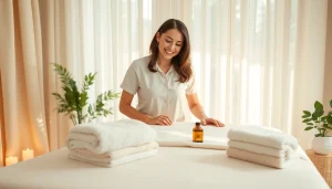 출장마사지 session in a serene home setting with a skilled therapist preparing for a massage.