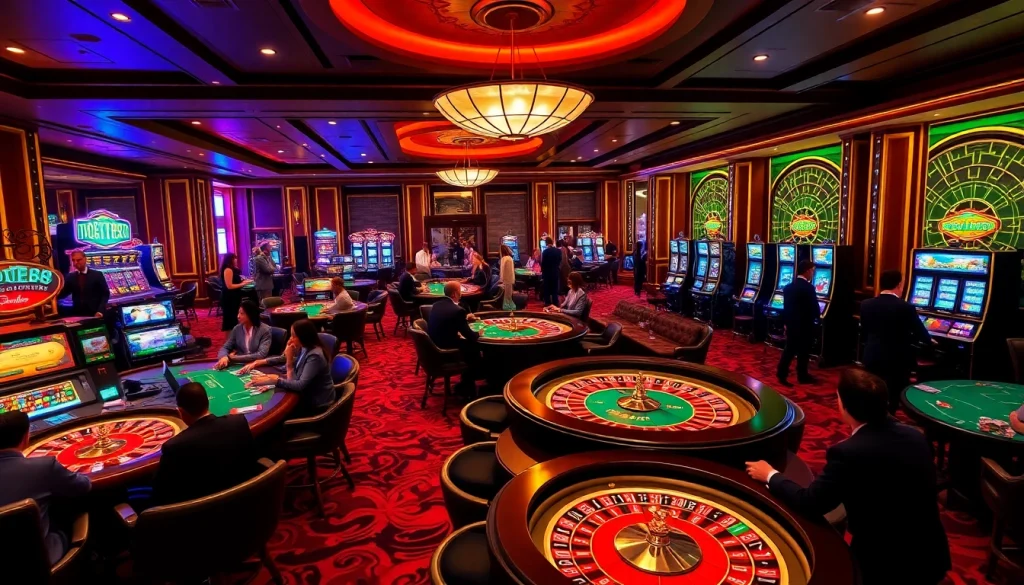 Tobet88 players enjoying a thrilling casino experience with poker tables and vibrant slot machines.