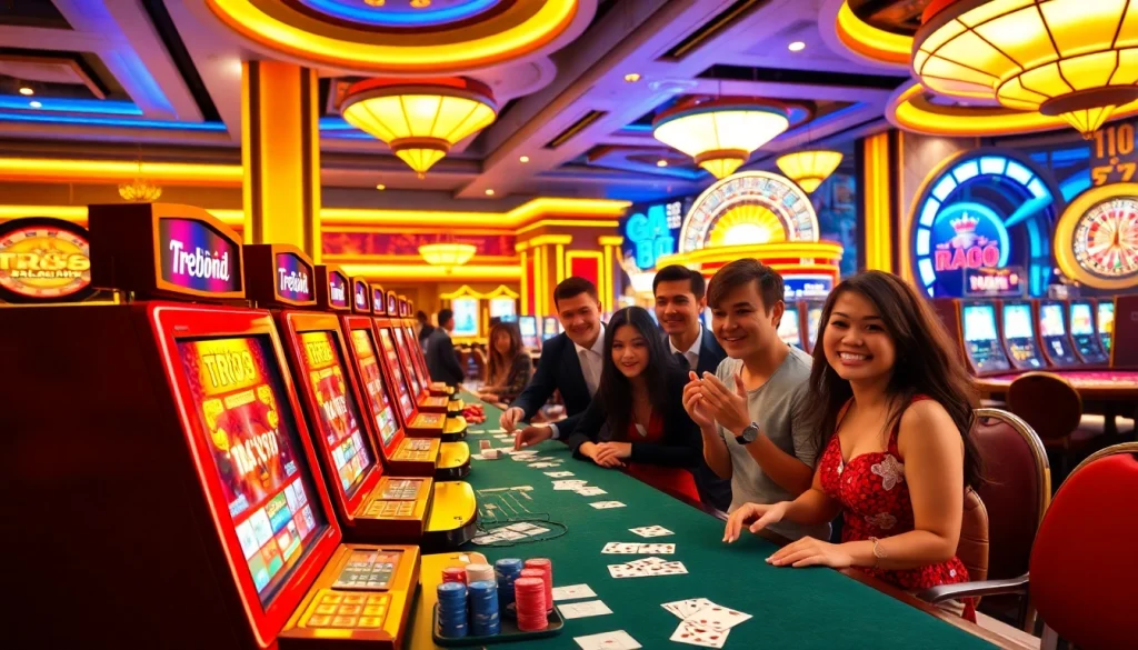 Experience thrilling TR88 nổ hũ slots with vibrant gaming tables and excited players.