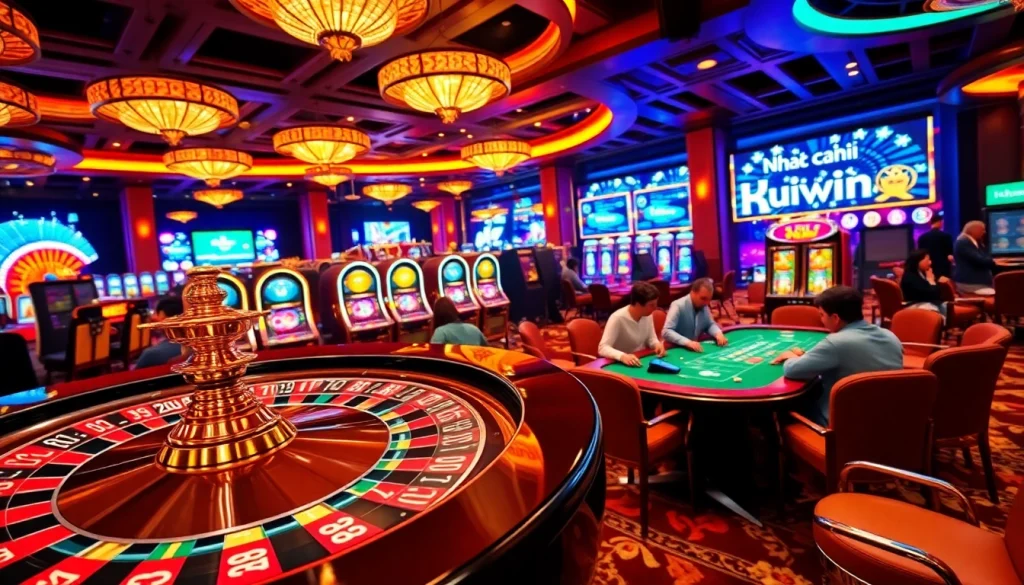 Engaging players at Nhà cái Kuwin casino table surrounded by vibrant gaming elements.
