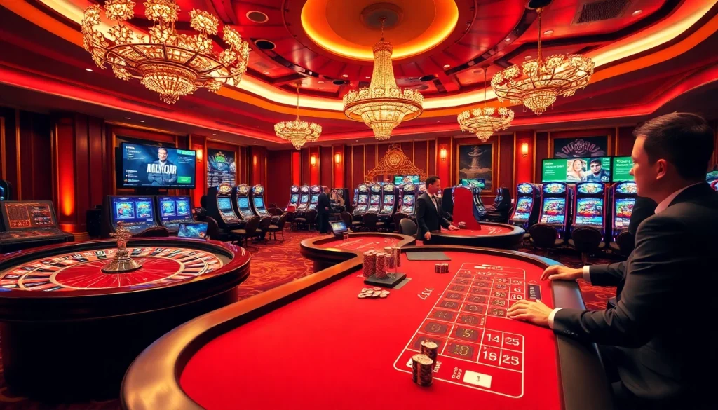 Experience the thrill of MMOO at a luxury casino featuring roulette and poker tables.