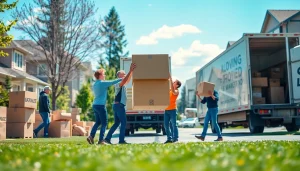 Moving companies Calgary team efficiently packing and moving in a vibrant neighborhood.