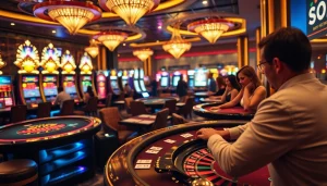 SODO casino scene with players engaged in exciting blackjack and roulette games, capturing high stakes action.