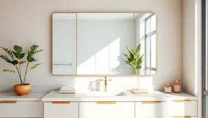 Admire an elegant bathroom mirror reflecting light and warmth in a modern bathroom setting.