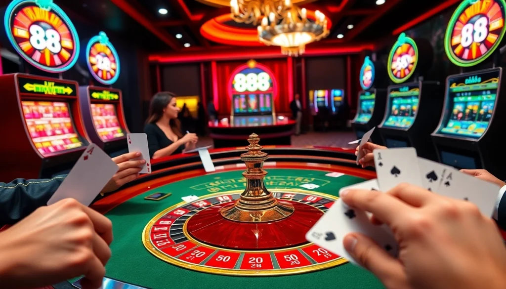 Experience the excitement of u 888 with vibrant slot machines and a lively roulette table.