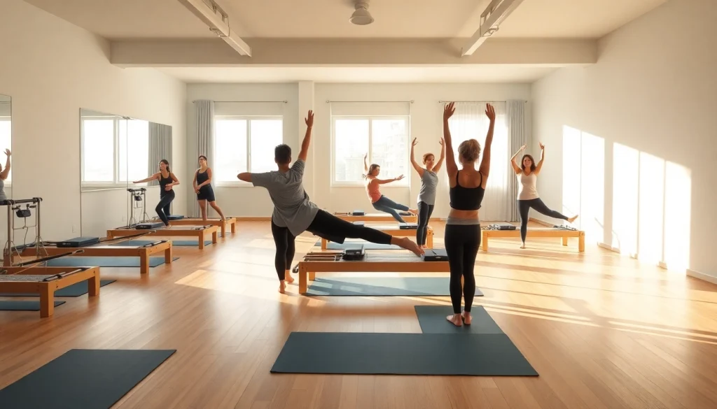 東京・台東区の明るいスタジオで、さまざまな参加者と最新設備を備えた魅力的なピラティスクラス。