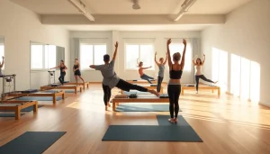 東京・台東区の明るいスタジオで、さまざまな参加者と最新設備を備えた魅力的なピラティスクラス。